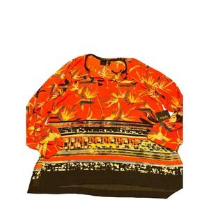 Rafaella NWT Tropical Print Blouse Orange Abstract Faux Leather Trim Y2K Sz L/G